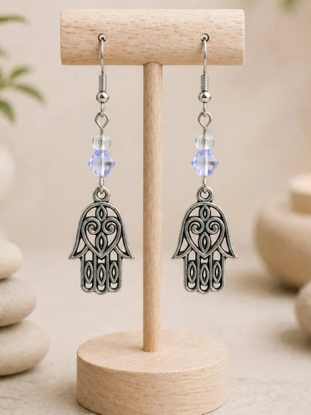 Handmade Hamsa Earrings with Blue Crystal - Picture 4 of 5